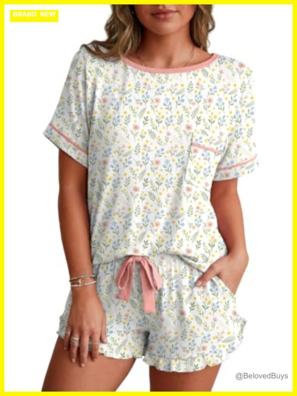 Womens Pajama Set Short Sleeve Top Ruffle Shorts Rayon Spandex Sleepwear